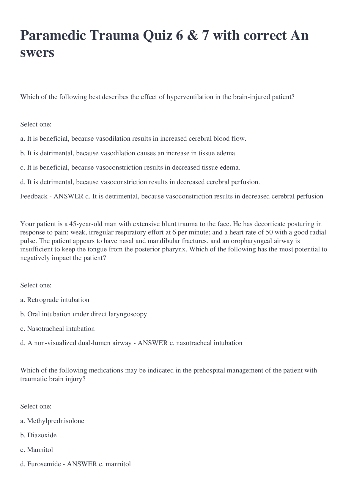 Paramedic Trauma Quiz 6 & 7 with correct Answers Browsegrades